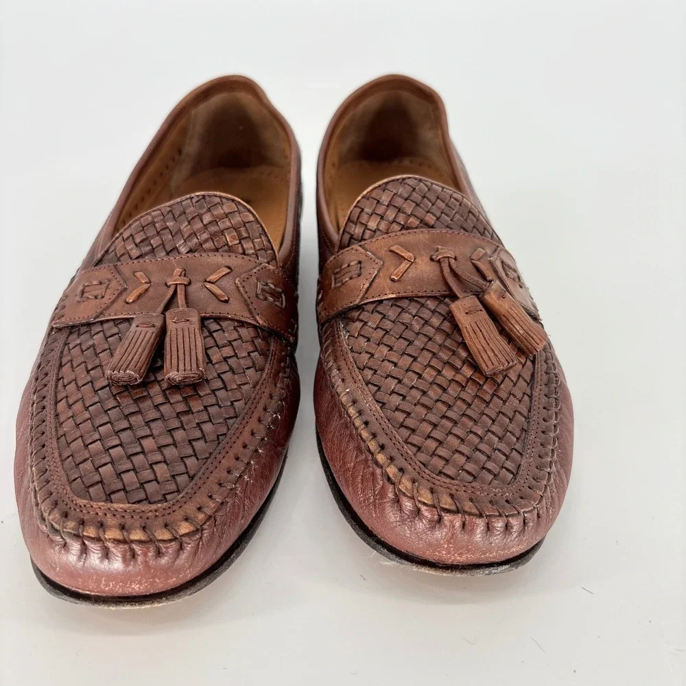 Brass Boot Brown Leather Loafers Men Size 11 M Woven Interlocking Tassel Slip On